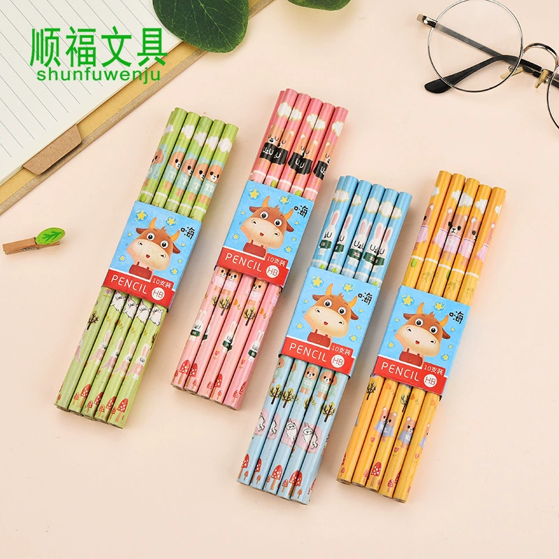Cartoon HB Round Pencil (shunfuwenju) — HB lead, 4 colors, bulk classroom packs