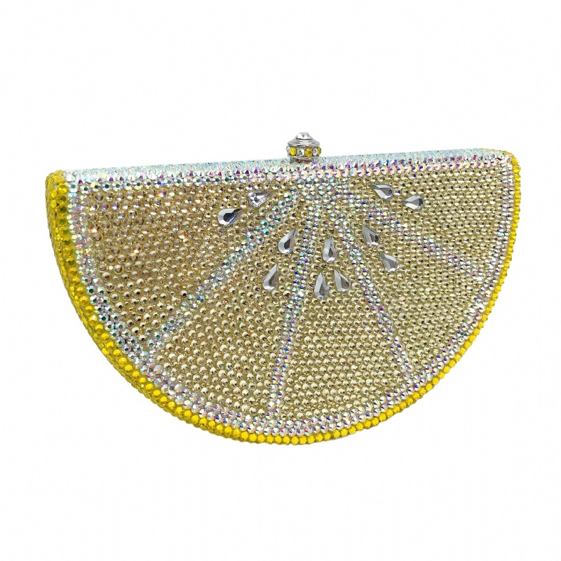 Túi clutch nữ đính đá hình quả chanh, hộp cứng kim cương đáy phẳng, kèm dây xích 48 cm — Màu vàng chi tiết 4