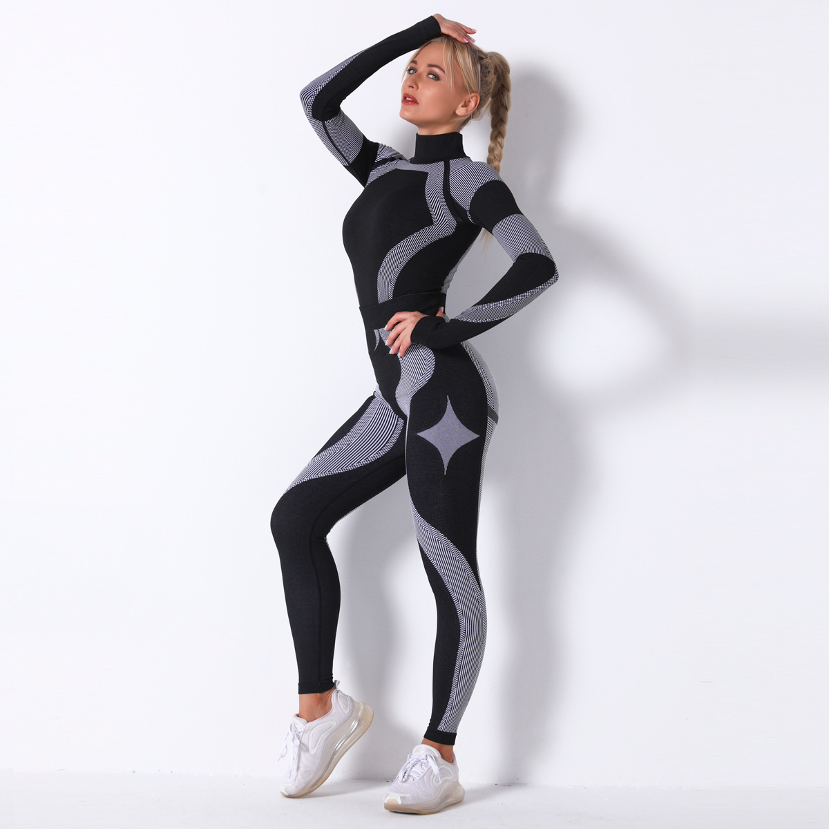 seamless knitted striped long-sleeved two-piece sports yoga suit NSLX9016