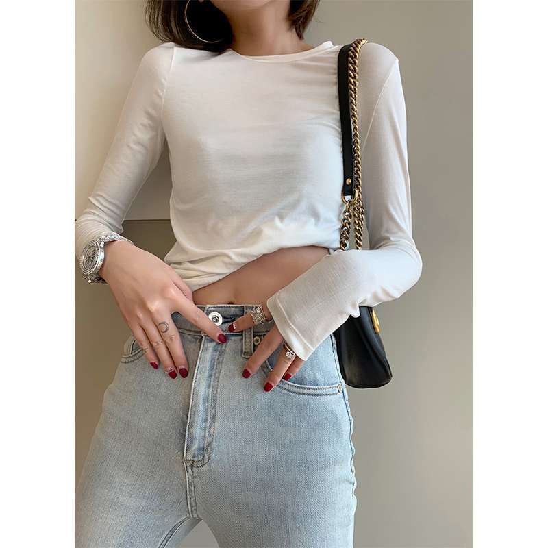 Multi-Color Custom-Woven Anti-Static Chao Smooth and Iron-Free Facial Mask Long-Sleeved Round Neck/V Neck Knitted Thread Pure Color Bottoming Shirt