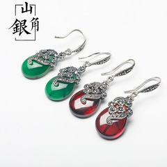 原創設計銀國檢S925銀耳飾綠瑪瑙石榴石花朵馬克賽耳墜女耳環