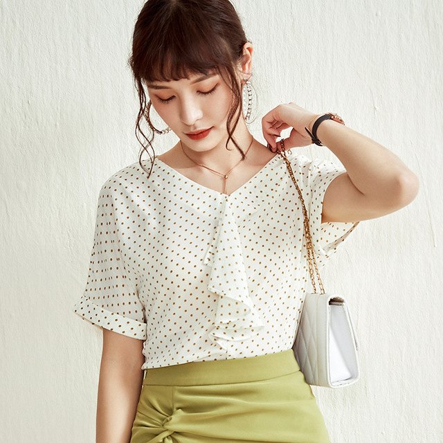 Korean women’s ruffles and loose thin wave Point Short Sleeve Chiffon Blouse