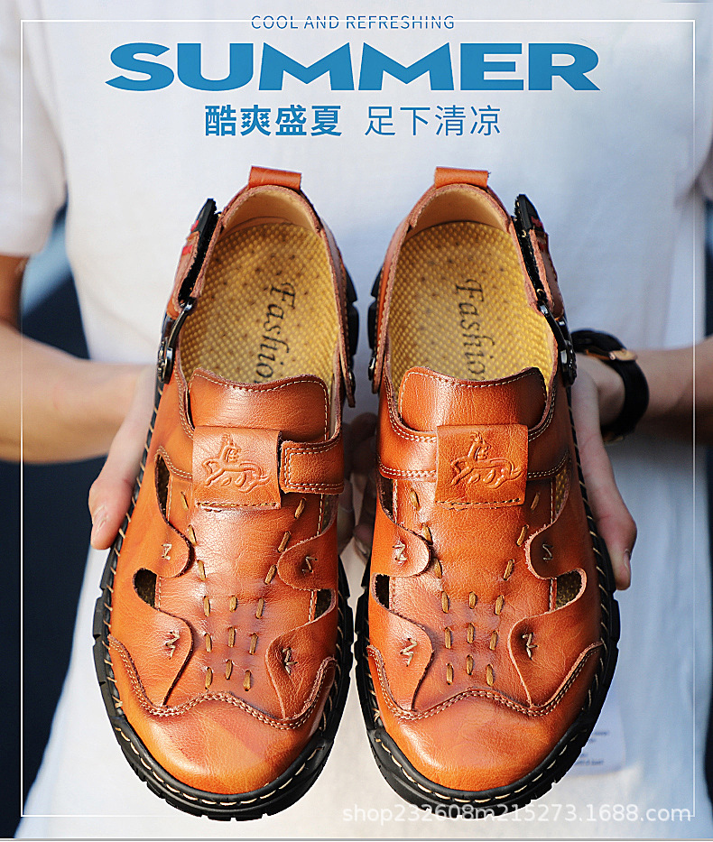 Cross-border genuine leather men's breathable large size 50 sandals, men's 49 massage sole, foreign trade cowhide beach shoes, casual men's slippers full figure