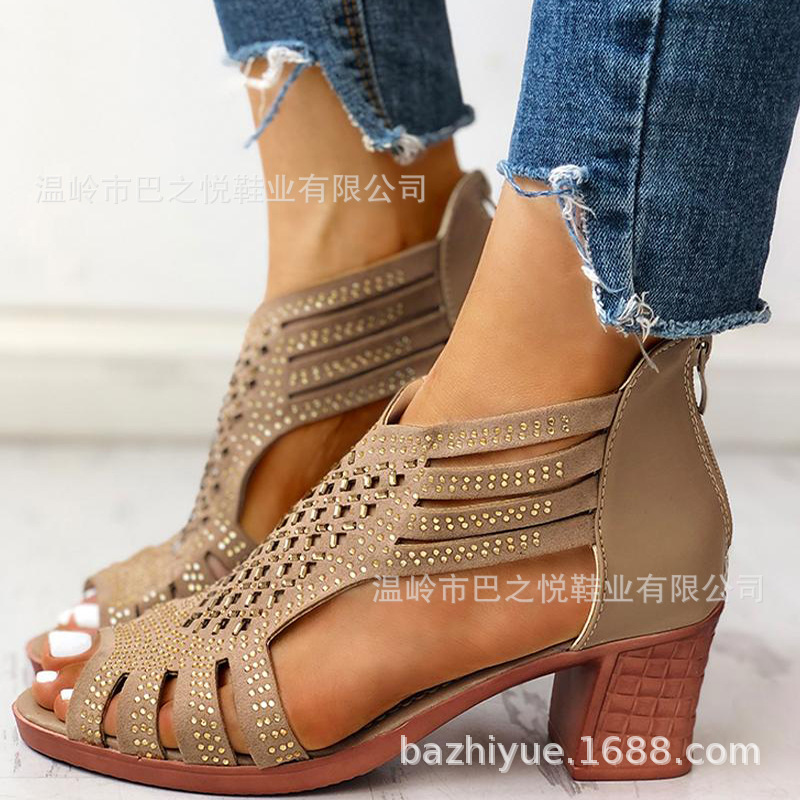 2020 Summer New Korean Style Rhinestone Women's Shoes Fish Mouth Fashion High Heels Thick Heel Roman Sandals Mom Shoes Dropshipping