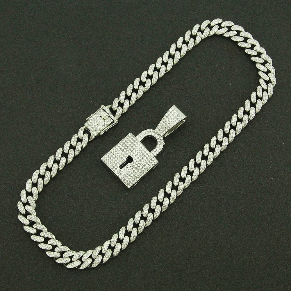 Creative Diamond Lock Shape Pendant Wide Cuban Chain Necklace display picture 3