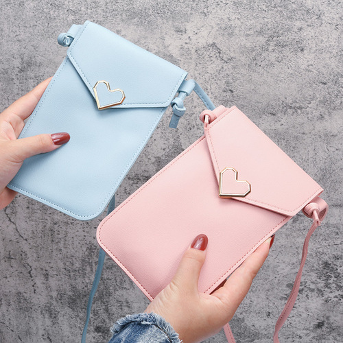 2020 new student buckle small bag, women's heart-shaped decorative transparent touch screen simple retro mobile phone bag