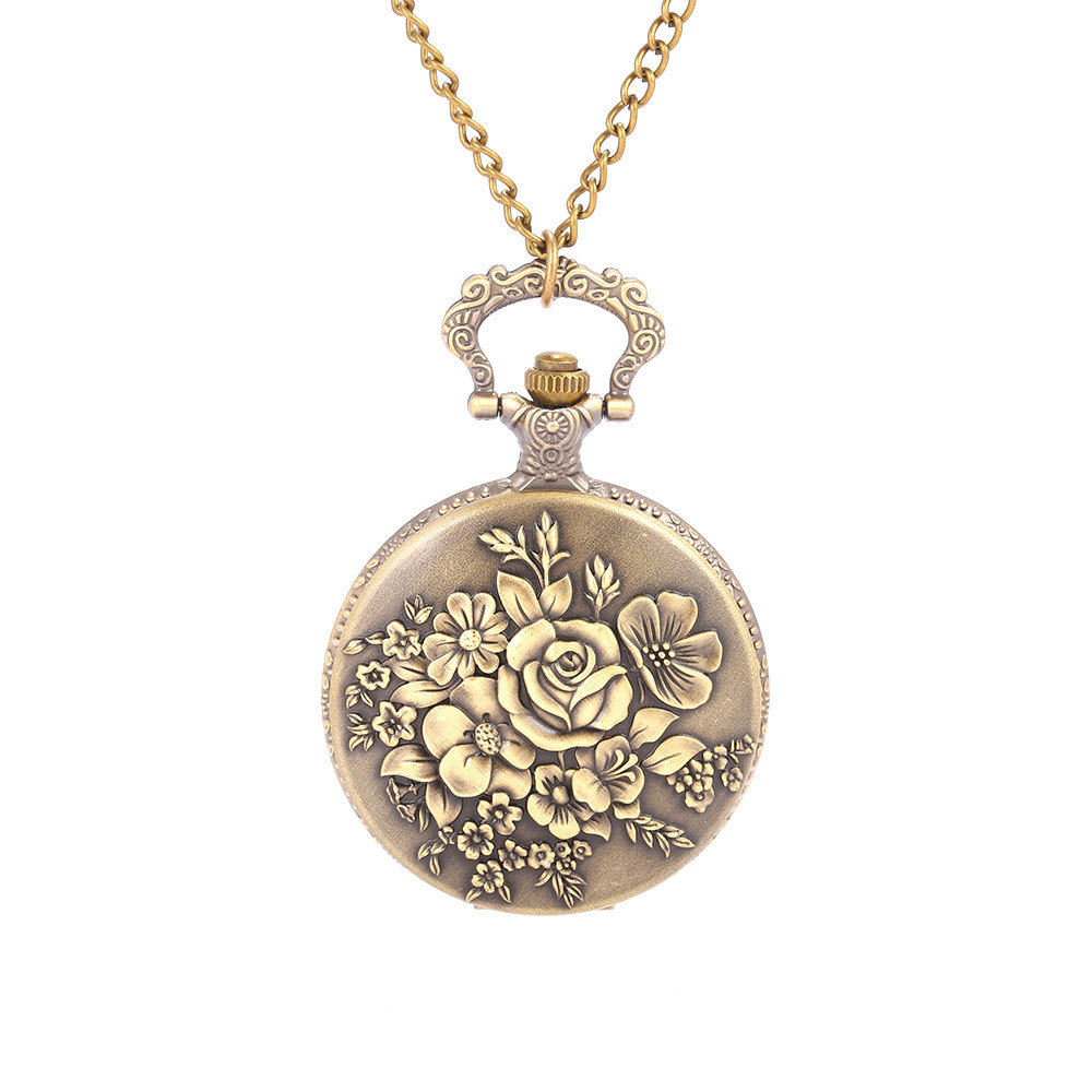 Necklace Palace Style Complex Bronze Peony Flower Blooming Large Quartz Pocket Watch 8876