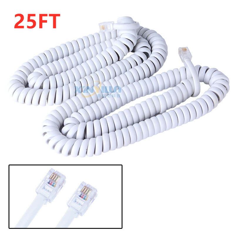 25FT英尺电话线 电话机听筒线手柄线白色曲线RJ9 RJ10 RJ22 4P4C 