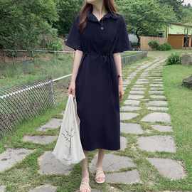 2021韩版夏季新款女装时尚显瘦裙子翻领中长款系带气质短袖连衣裙