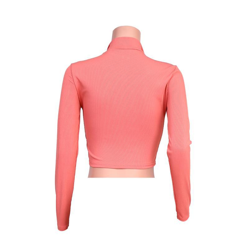 Cross border Europe and America autumn and winter 2020 pure color commuting zipper sleeve long sleeve pink slim V-neck slim women's wear