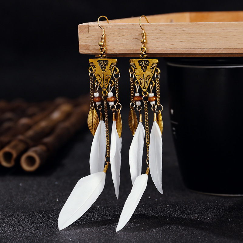 Inverted Triangle Exotic Long Feather Female Bohemian Leaf Tassel Metal Earringspicture4