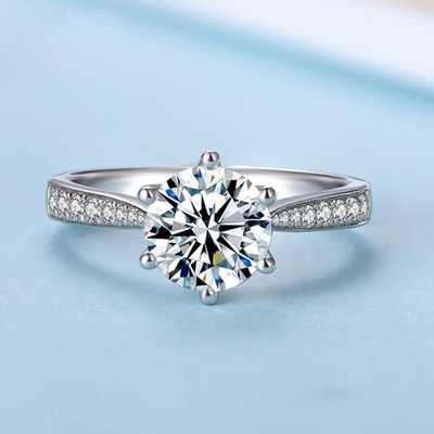 正品莫桑石戒指925银镀18K金戒1克拉金典六爪厂家直销莫桑钻戒指|ms