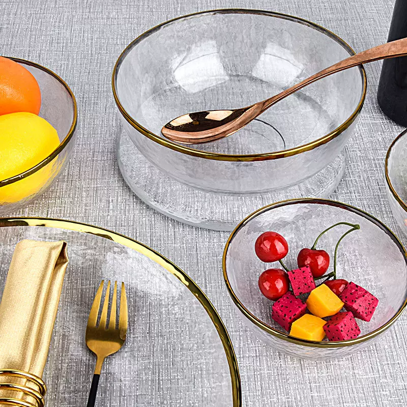 冷纹盘碗家用耐热透明玻璃金边平盘沙拉碗甜品盘锤纹餐具套装平底