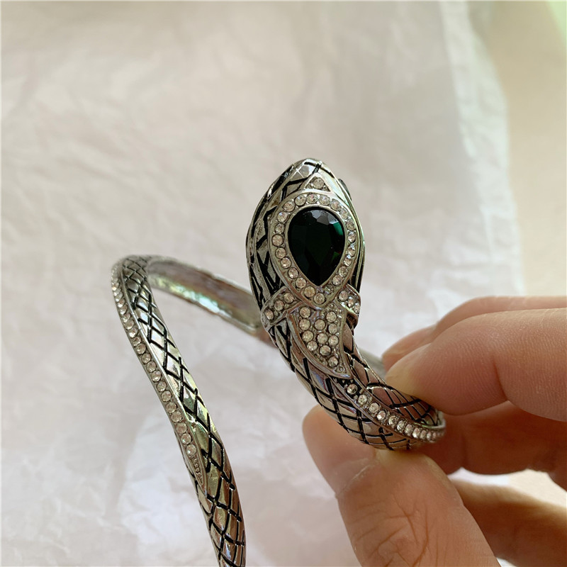 retro antique silver snake totem gemstone diamond exaggerated opening bracelet