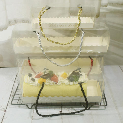 Swiss Japanese transparent carrying cake roll packaging box, long PET towel roll style pastry cake Swiss box
