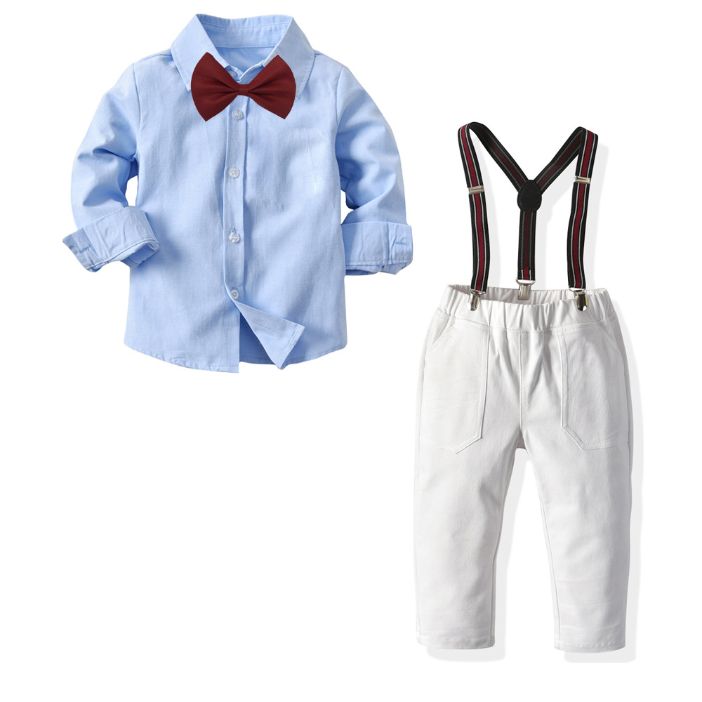 Nouveau Col À Manches Longues Chemise De Couleur Unie Bretelles Pantalon Robe De Gentleman Pour Enfants display picture 2