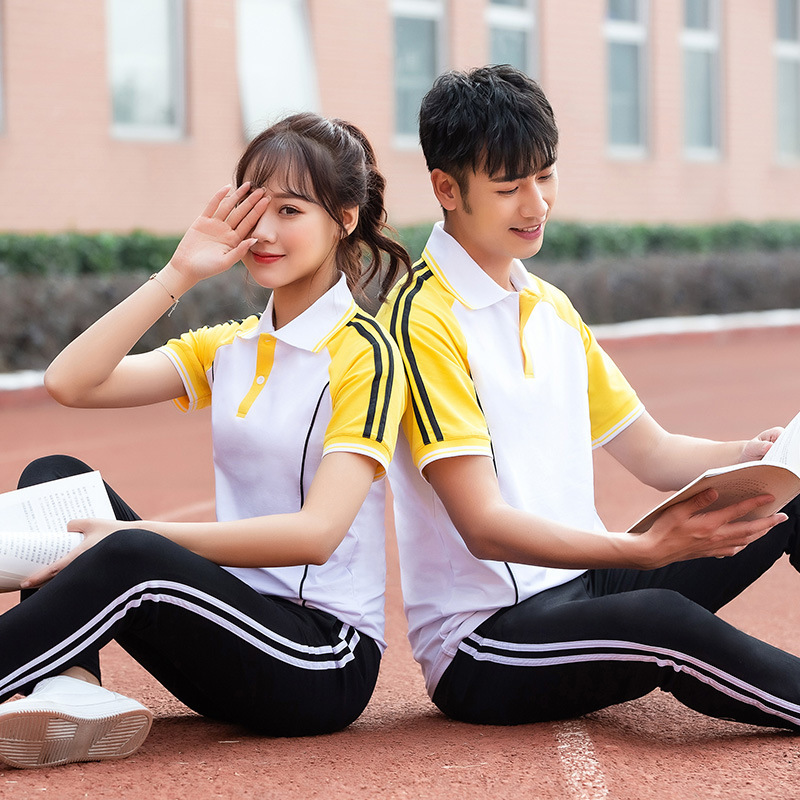 여름 고등학교 교복 반팔 교복 옷깃 T 초등 및 중등 학생 스포츠 세트 유치원 정원 교복 맞춤화