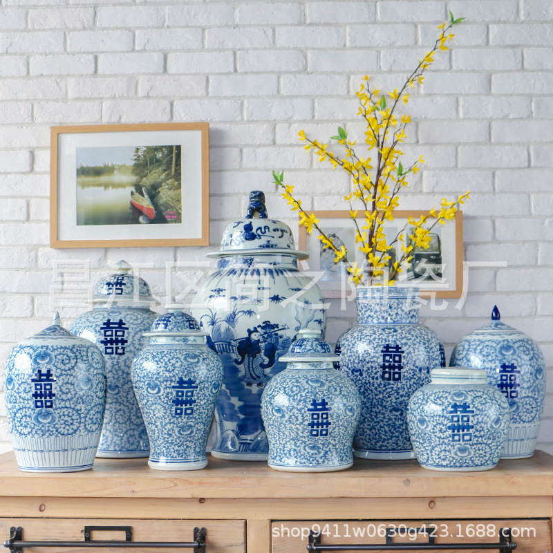 Ceramic double happiness blue and white jar -shaped jar porcelain…