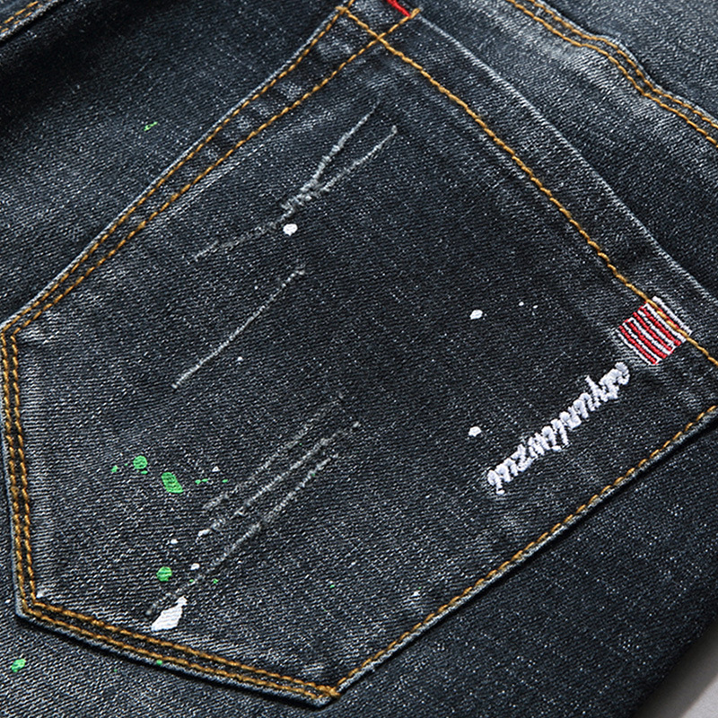 Broderade slim fit stretch straight jeans för män_voghion.com