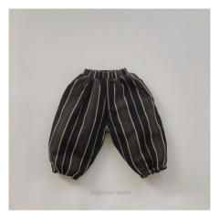 Korean style children's pants winter new striped plus velvet warm pants for boys and girls loose and lightweight closed bloomers