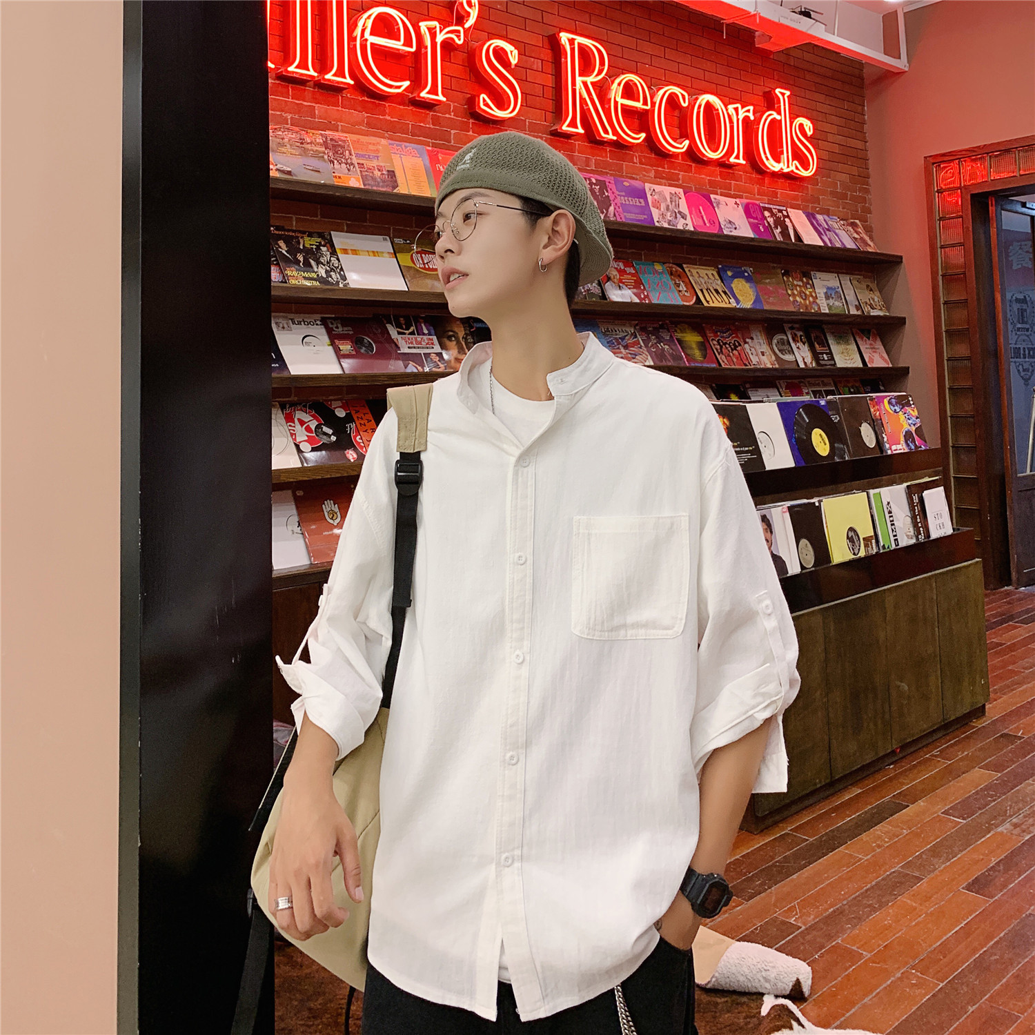 夏季中袖衬衫男韩版7分袖衬衣修身休闲帅气纯色潮流短袖