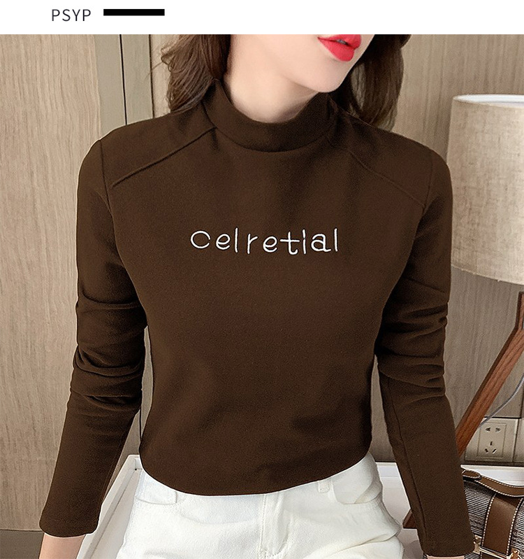 Ciepły, pluszowy sweter z półwysokim dekoltem dla kobiet, uniwersalny na jesień i zimę, nowy T-shirt z długim rękawem dla kobiet, stylowy top_voghion.com