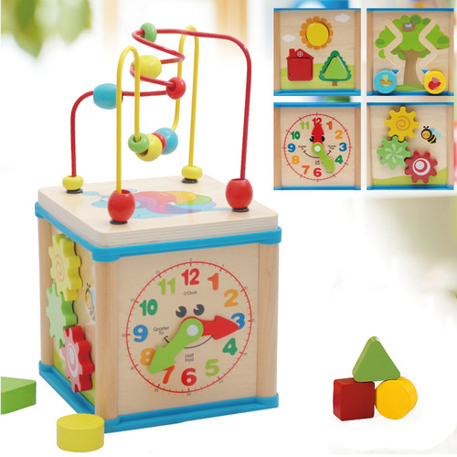 Wooden children's multi-functional four-sided bead toy educational development early education teaching aids wooden shape box for boys and girls