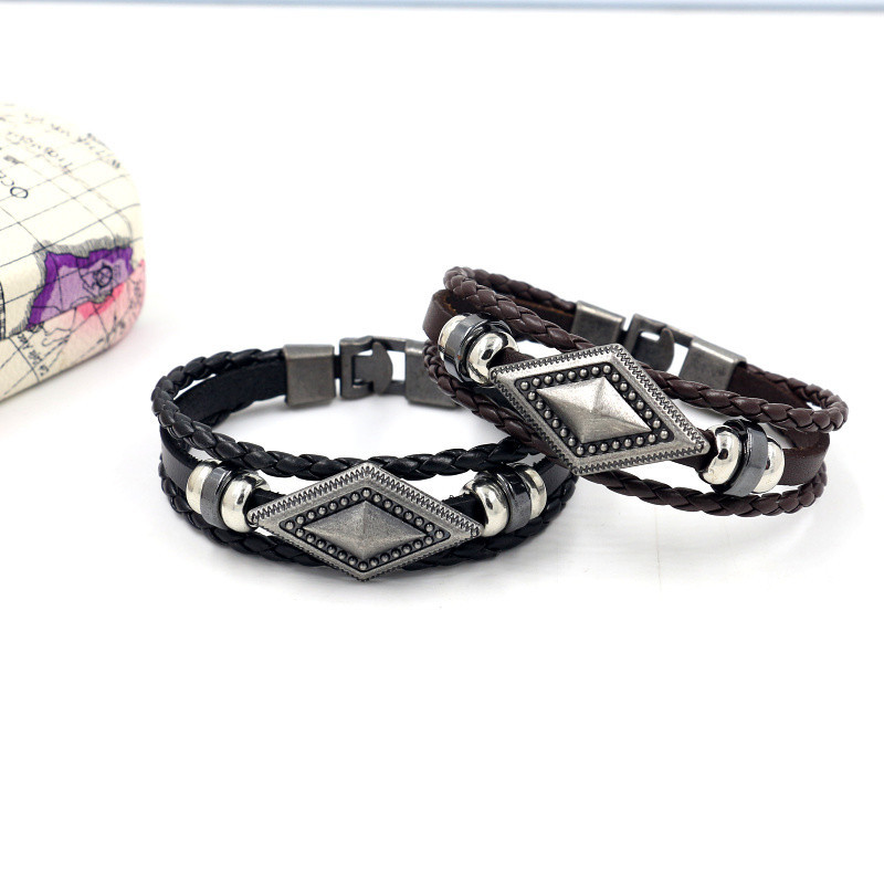 Fashion Jewelry Men Buckle Woven Cowhide Bracelet Geometric Diamond Leather Bracelet Wholesale Nihaojewelry display picture 2