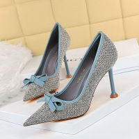 278-17 Korean version of sweet high-heeled shoes with thin thin heels, high heels with shallow mouth and pointed Point Knitting color matching bow single shoes