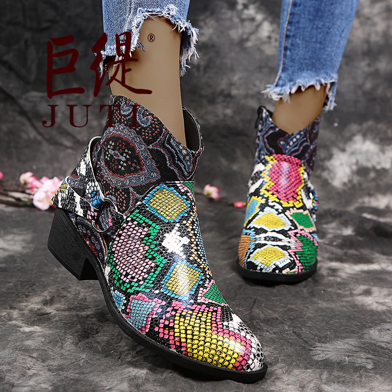 Snake Print Color Matching Women's Leather Boots Martin Boots