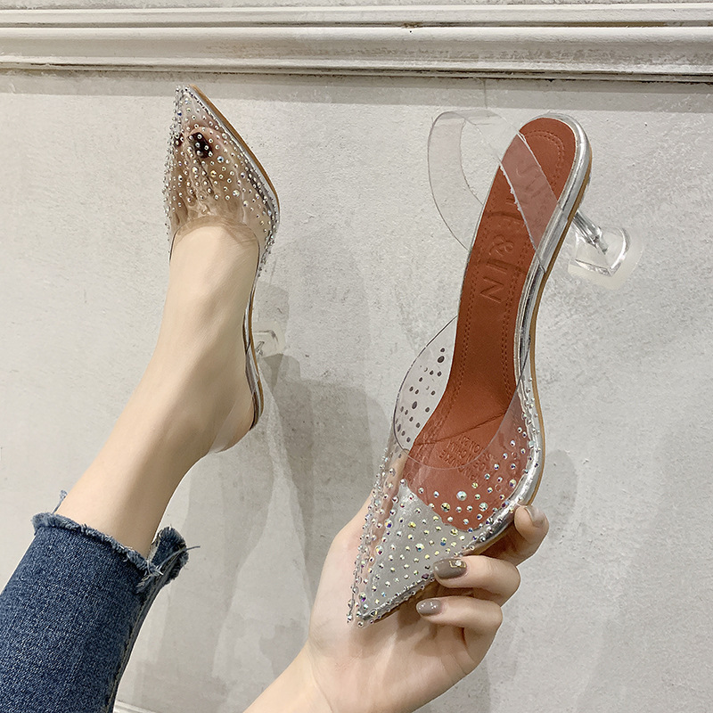 Women 2024 summer new Korean style transparent rhinestone stiletto heel pointed toe large size outer wear sandals_voghion.com