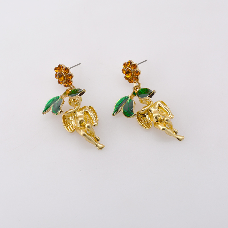 Artificial Gemstones Inlay Material Cupid Leaf Fun Retro Baroque Little Angel Retro Vintage Earrings Wholesale