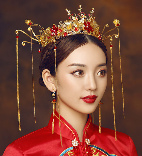 Ancient costume Chinese bridal hair accessories Xiuhe clothing Phoenix crown headdress wedding tassel wedding antique hair crown women