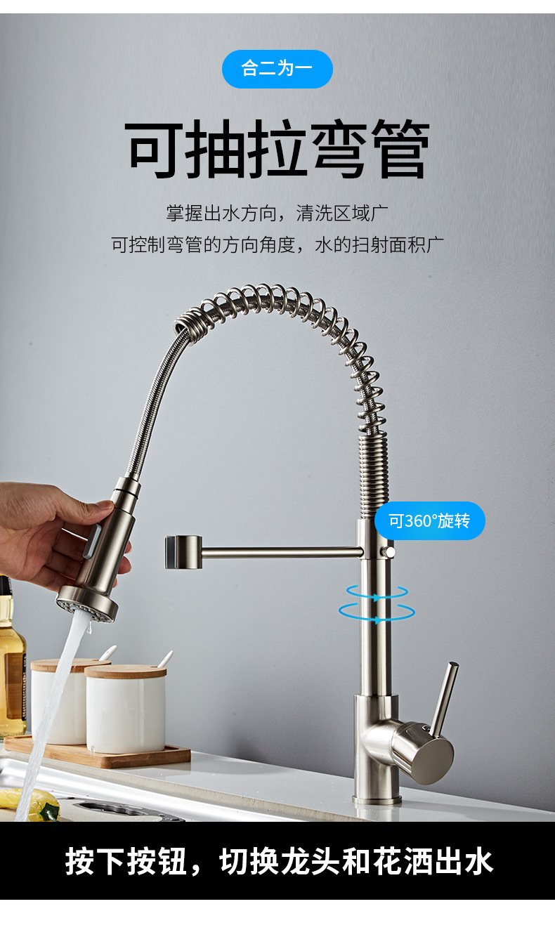 All-copper spring single-handle single-hole rotating faucet, kitchen sink, bathroom, brushed black electroplated low-pressure faucet details Picture