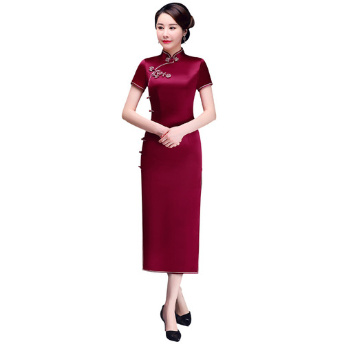 Traditional Chinese Dress Qipao Dresses for Women Wine red pure long cheongsam dress wedding banquet wedding Qipao short sleeve