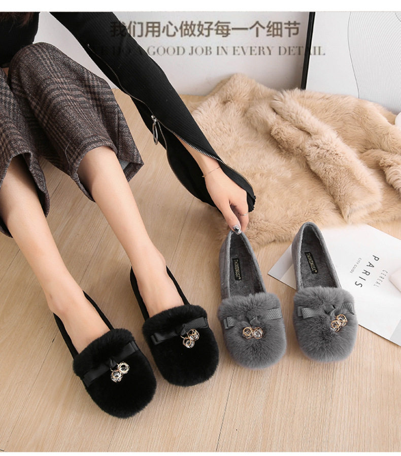 Giày lười nữ lót lông giữ ấm đế bệt mũi tròn — Màu xám, Màu đen chi tiết 12