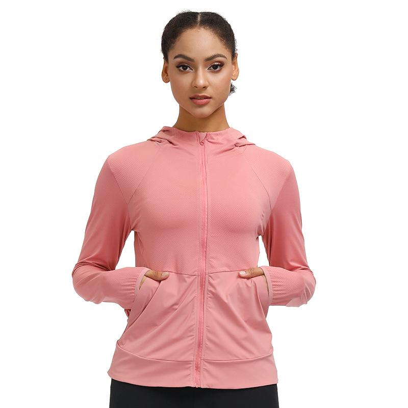 跨境女士速干防晒皮肤衣户外运动跑步健身瑜伽弹力连帽薄上衣外套