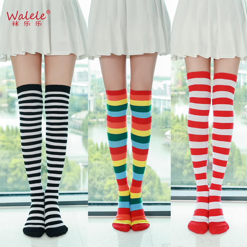 条纹长筒袜成人日系过膝大腿袜JK制服情趣学院风彩条高筒带跟袜子|ms