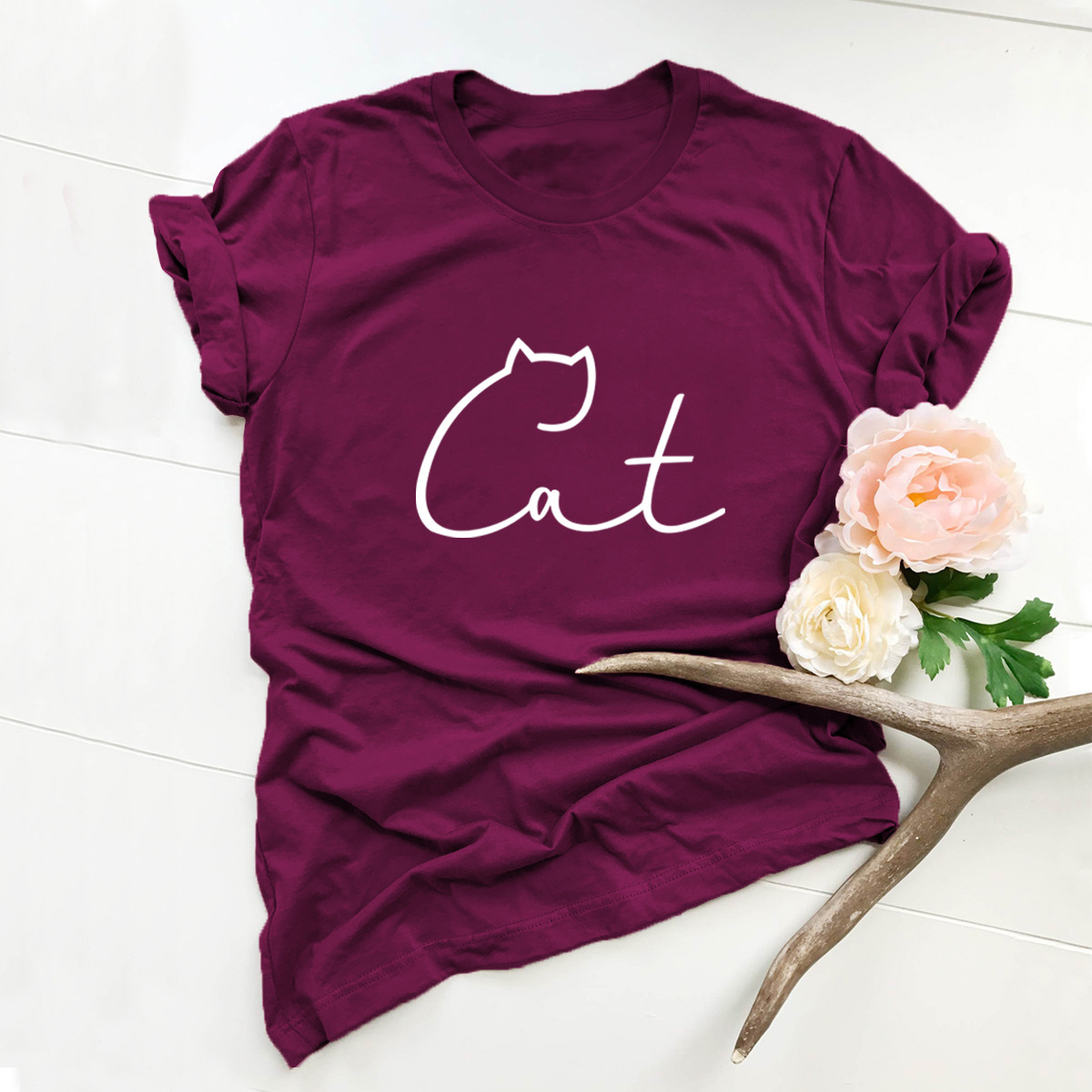 lindo gato gato estampado algodón camiseta de manga corta mujer NSSN2695