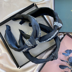 韓國東大門新款批發布藝鑲鑽條發箍女黑色中間打結蝴蝶結寬邊頭箍