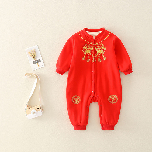 New Autumn/Winter Fleece Baby Bodysuit with Chinese Tang-style Gold Lock Outfit for New Year Celebration 100th Day Birthday