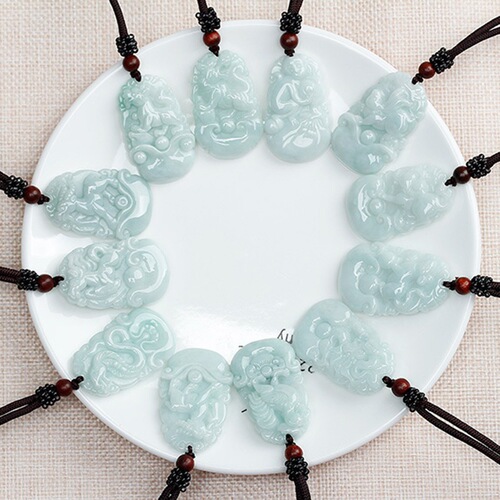 Jadeite twelve zodiac pendants, jade A-grade zodiac patron saint, floating flowers, bean green jade zodiac signs