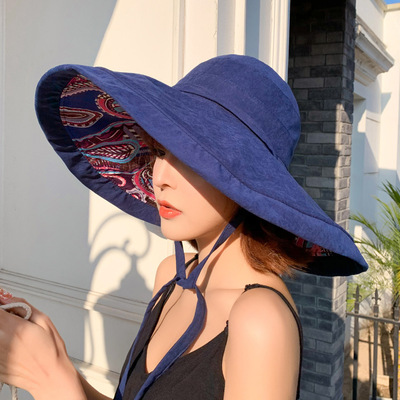 大檐渔夫帽女夏天防紫外线太阳帽复古民族风双面戴遮阳防晒帽子女|ms