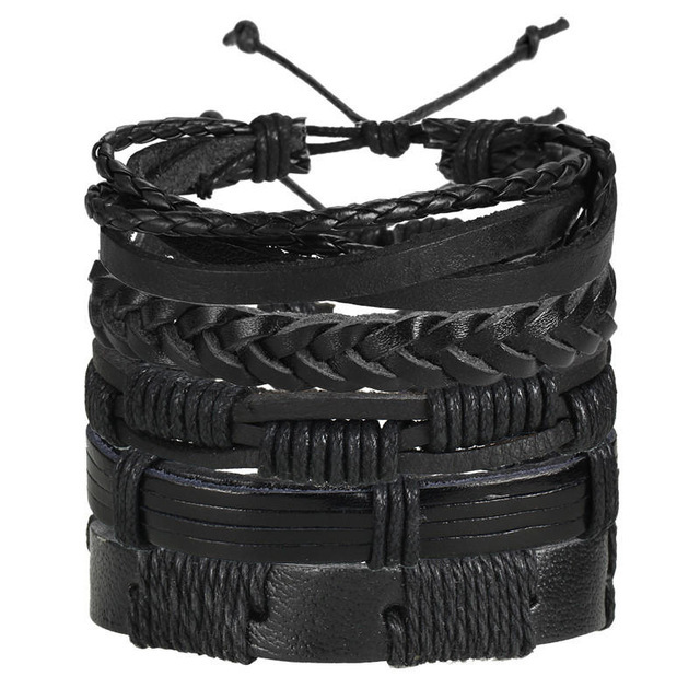 Forme La Nueva Pulsera De Estilo Punky Retro De Cuero Negro De 5 Capas Para Hombres Al Por Mayor display picture 6