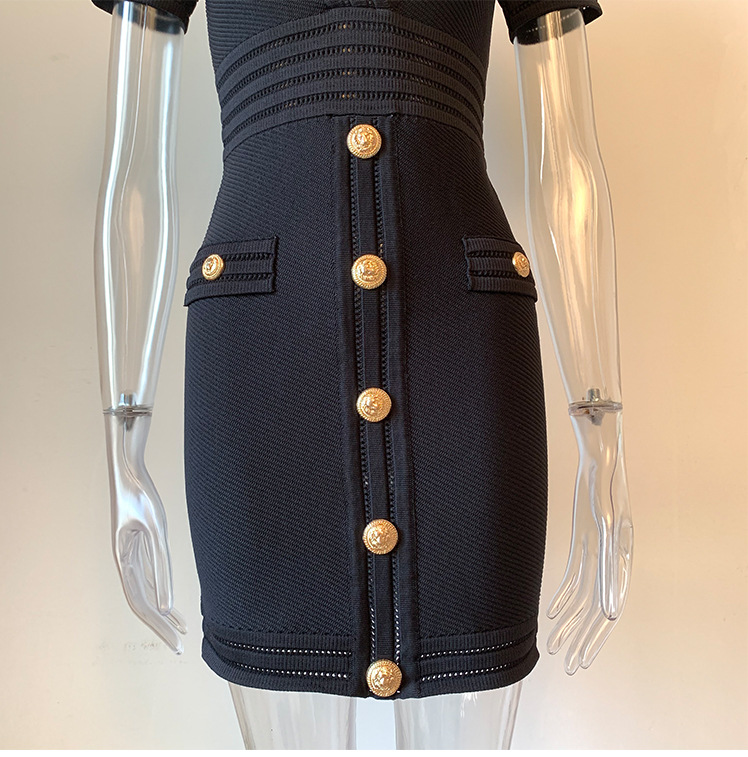 Spring Knitted Short Sleeved V neck Dress Sheath Army Green Black Texture
