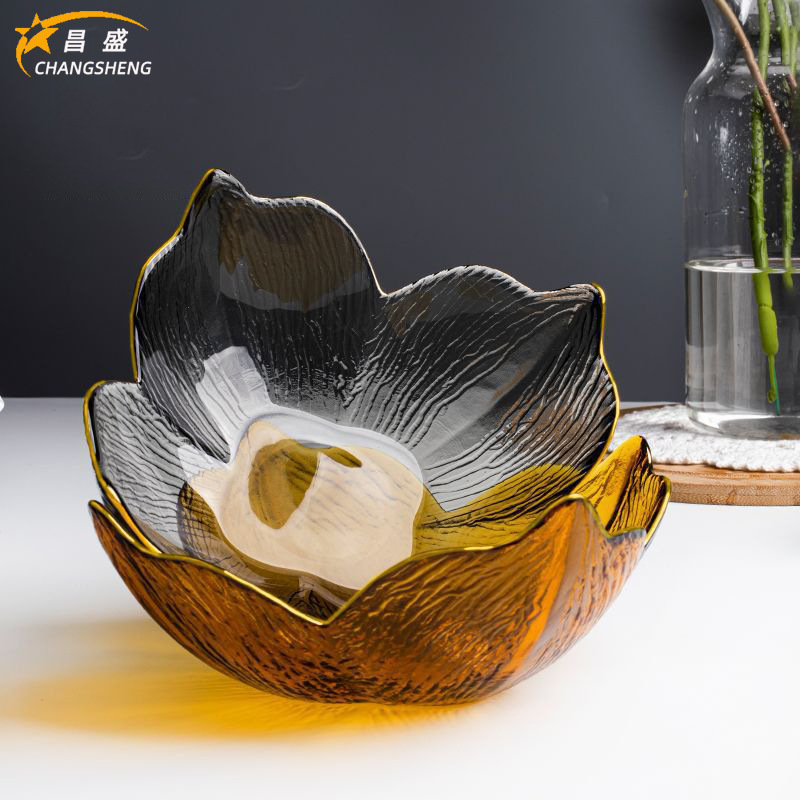 日式百合玻璃碗透明创意家用餐具碗彩色描金边水果蔬菜沙拉耐热碗
