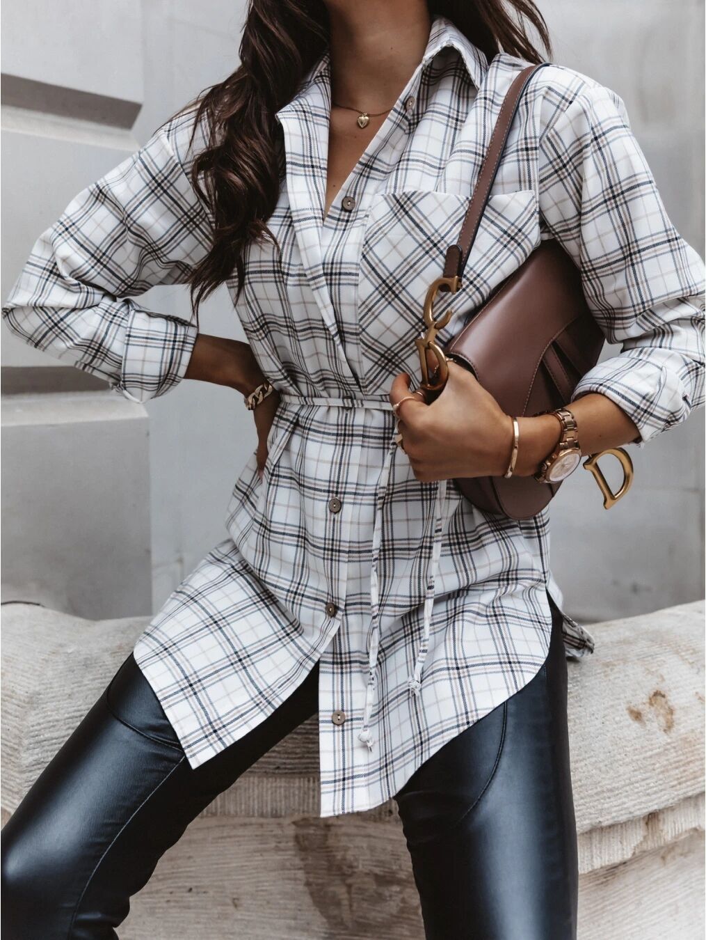 Long-Sleeved A-Line Plaid Shirt Dress NSYF1822