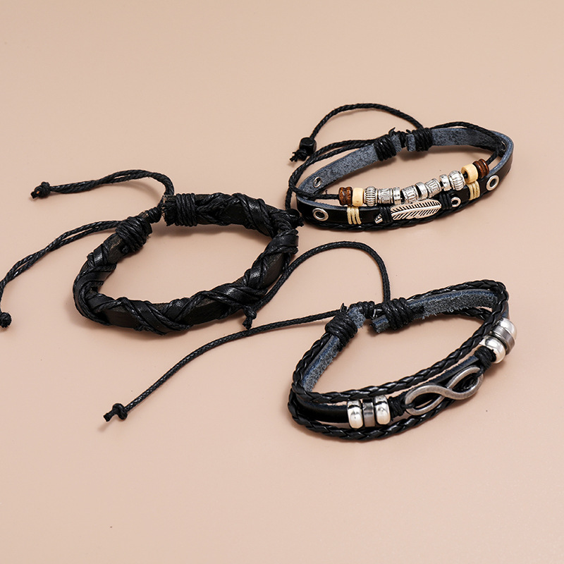 hot-selling retro braided cowhide bracelet three-piece set