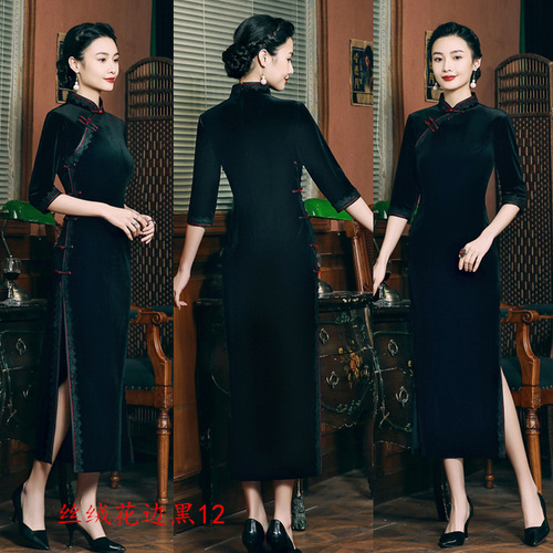 Women dark green Chinese dress qipao dresses Cashmere cheongsam Dresses ancient lady side buckle velvet long cheongsam skirt