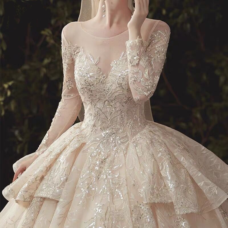 韩式婚纱2020新款新娘夏季森系超仙梦幻长袖礼服显瘦豪华简约拖尾|ru